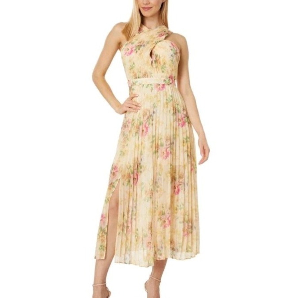 Ted Baker Women Tan Amerah Cross Front Pleated Midi Dress Size 2 (US 6) NWT
